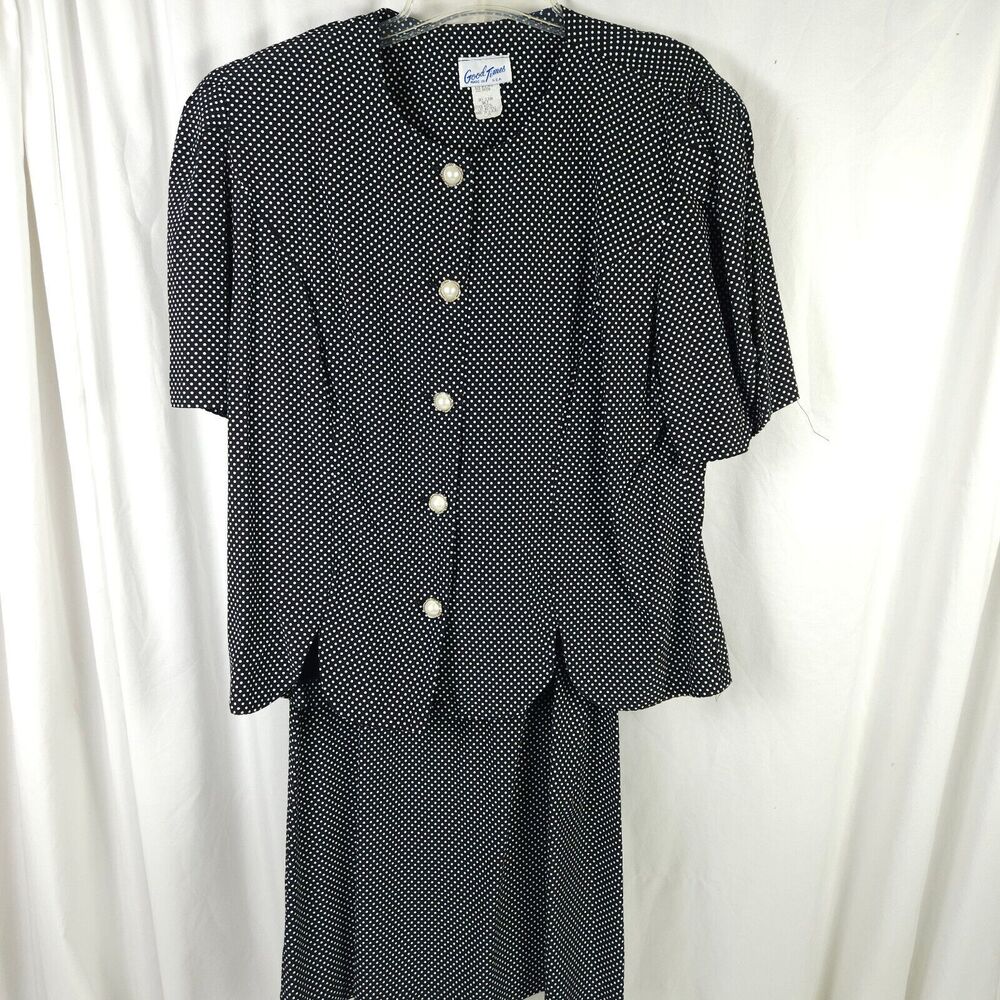 Vintage Good Times Black White Polka Dot Skirt Suit Womens‎ 14 USA 2-Piece